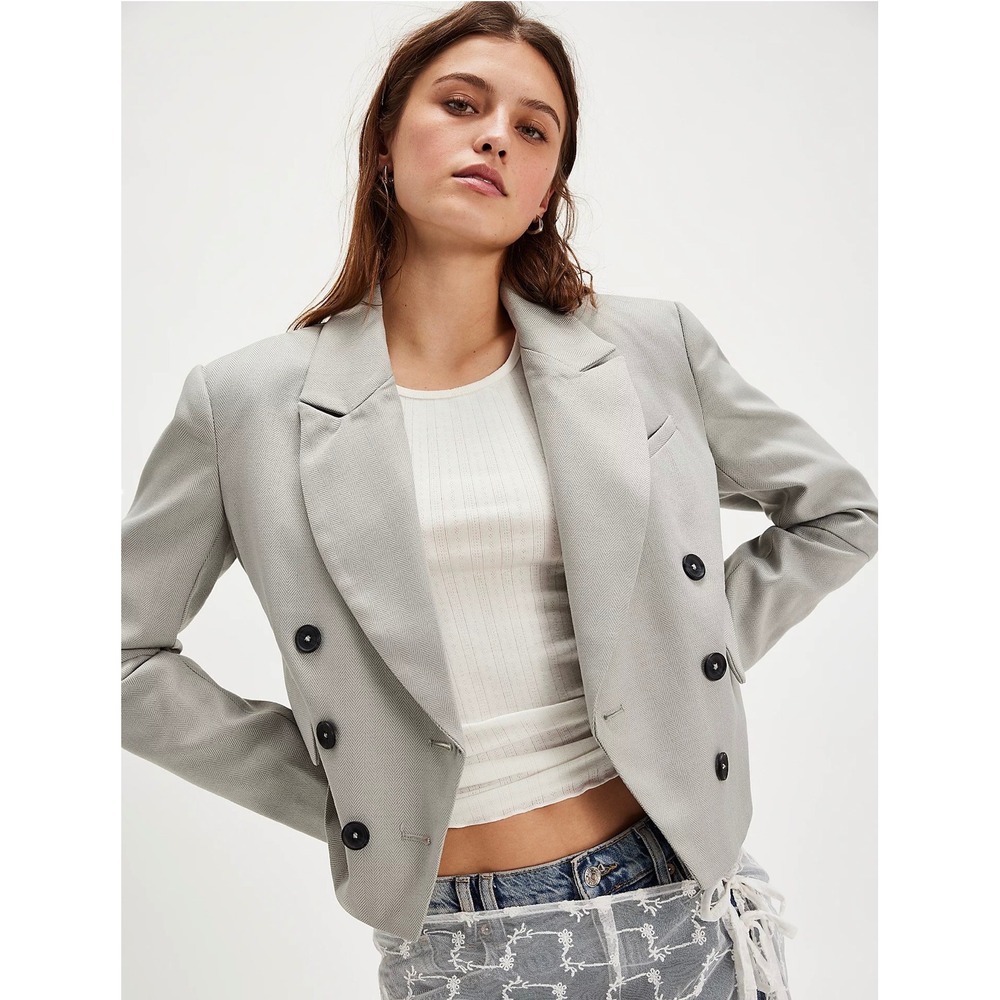 Free People Womens Grey Herringbone Cropped Double Breasted Blazer Jacket Size M